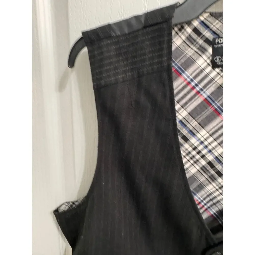 Pop Icon Clothing Black Pinstripe Vest Mens Plaid‎ Lined V-Neck Button Front xl